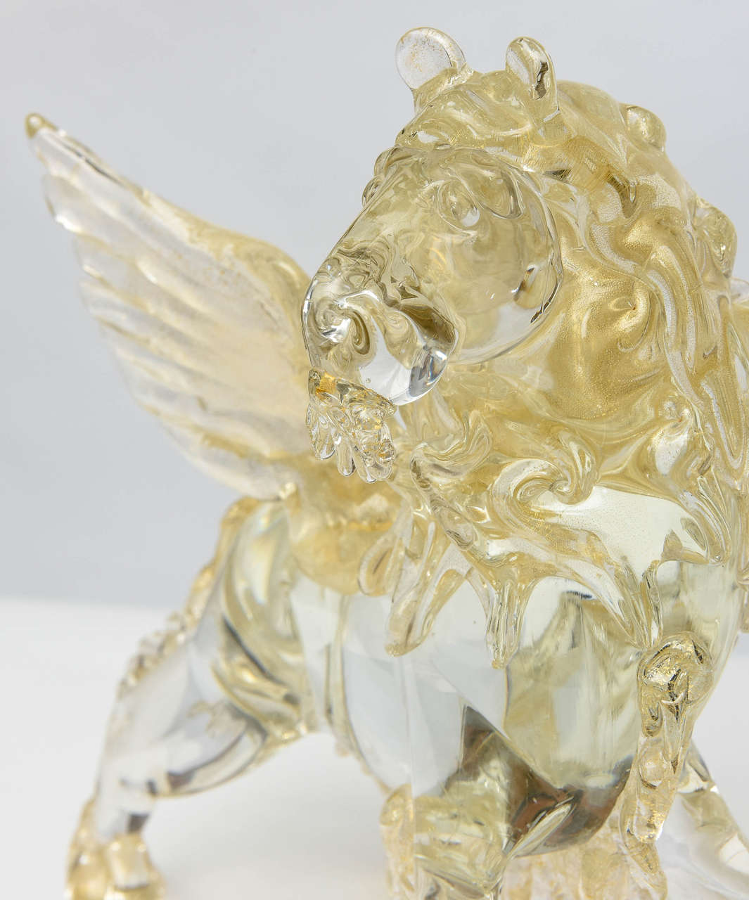 Mid-20th Century Italian Modern Clear and Amber Glass Winged Recumbent Lion, Murano