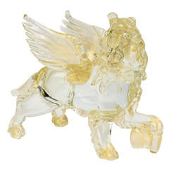 Italian Modern Clear and Amber Glass Winged Recumbent Lion, Murano