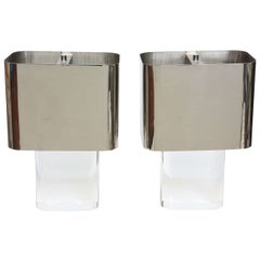 American Modern Pair of Lucite and Polished Chrome Lamps, Karl Springer