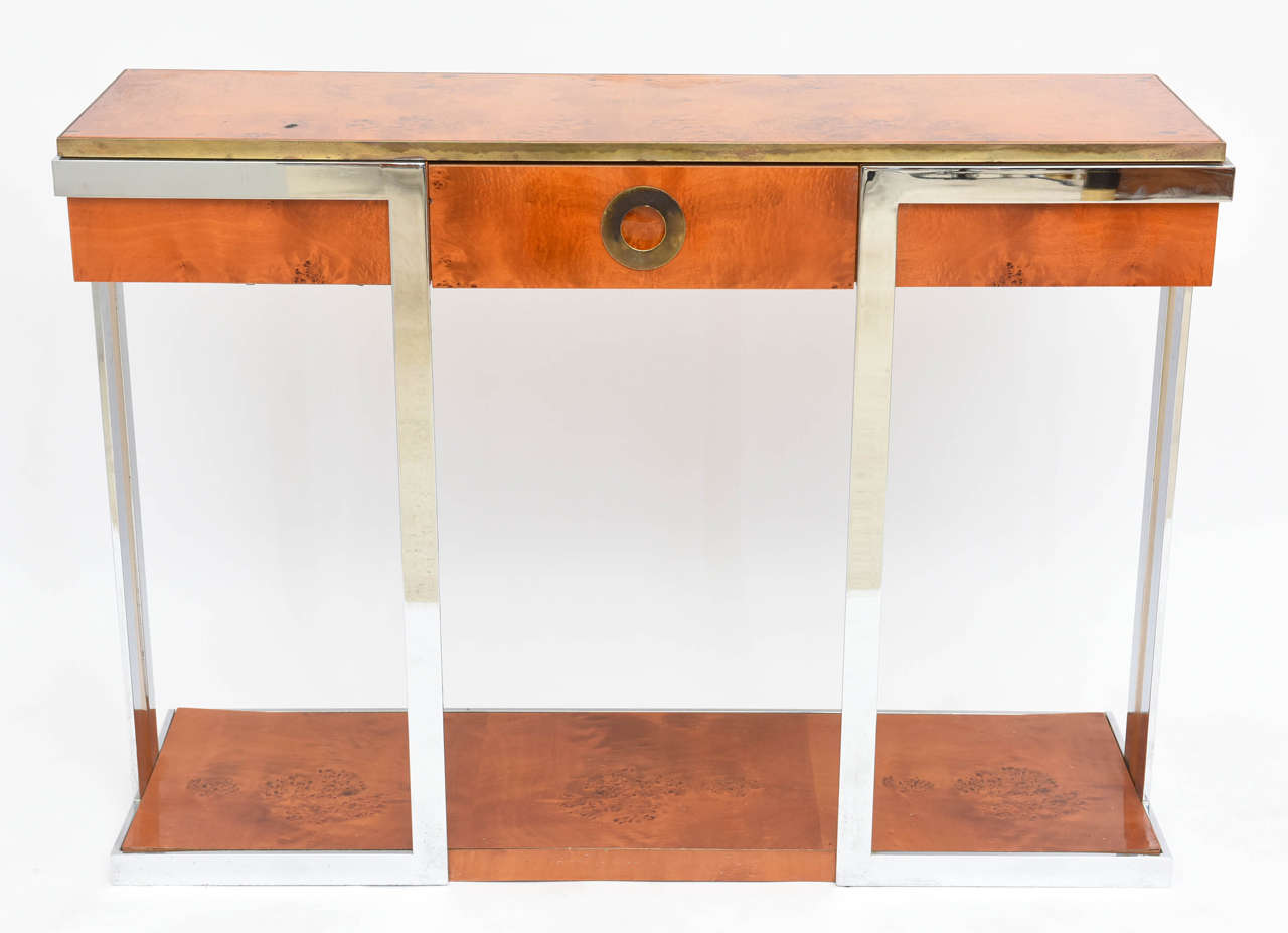 American Modern Burled Walnut, Chrome and Brass Console by Pierre Cardin