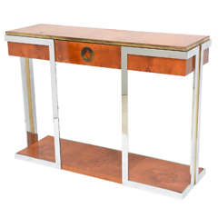 American Modern Burled Walnut, Chrome and Brass Console by Pierre Cardin