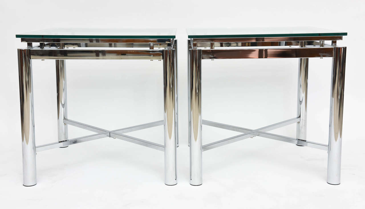 Late 20th Century Pair of American Modern Chrome and Glass Tables, DIA