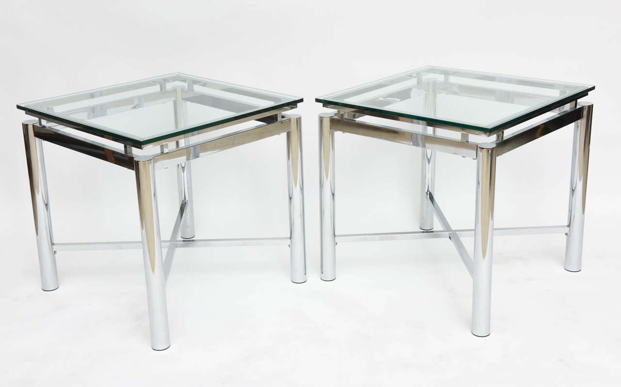Pair of American Modern Chrome and Glass Tables, DIA 3