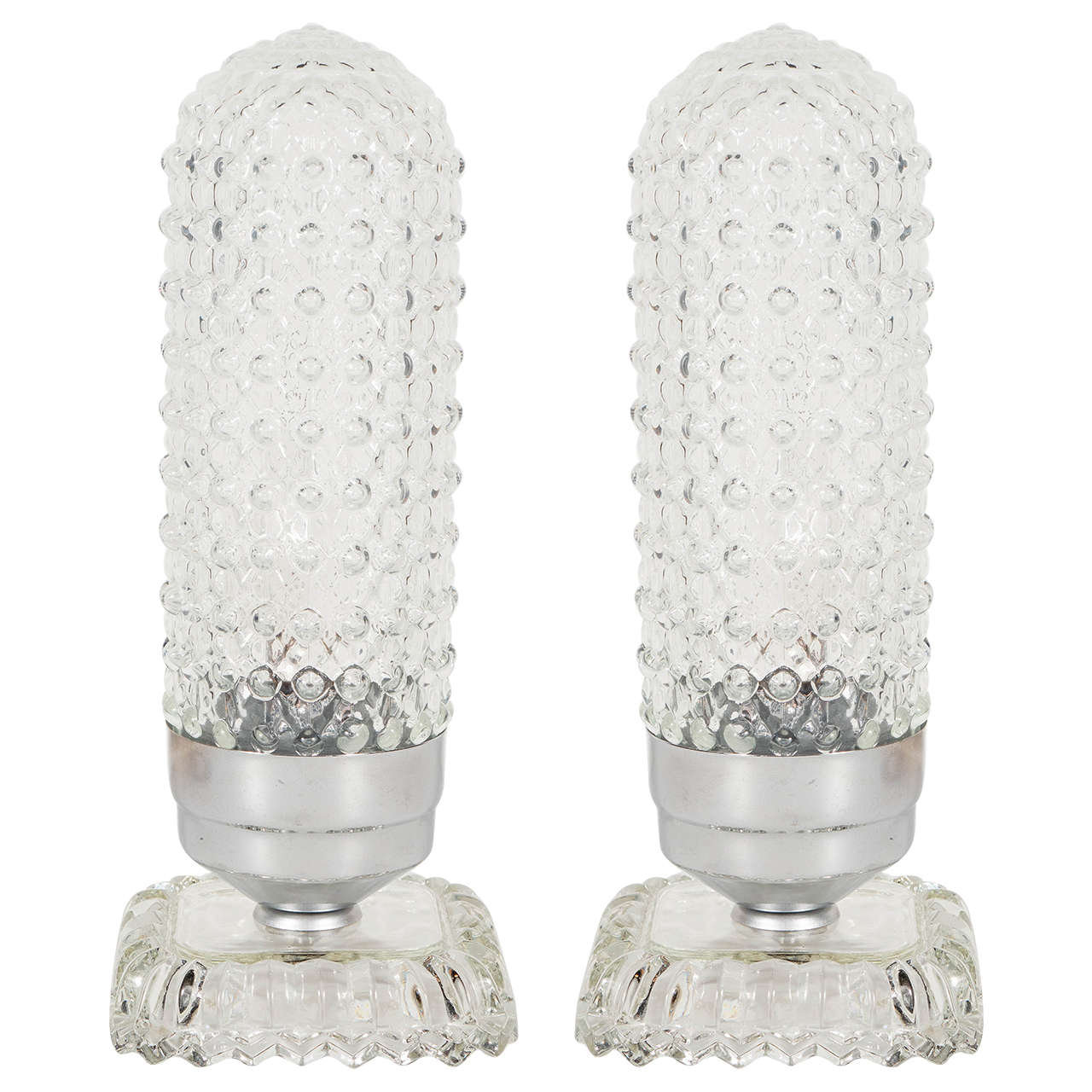 Pair of Art Deco Streamlined Zeppelin Form Uplights in Relief Pressed Glass