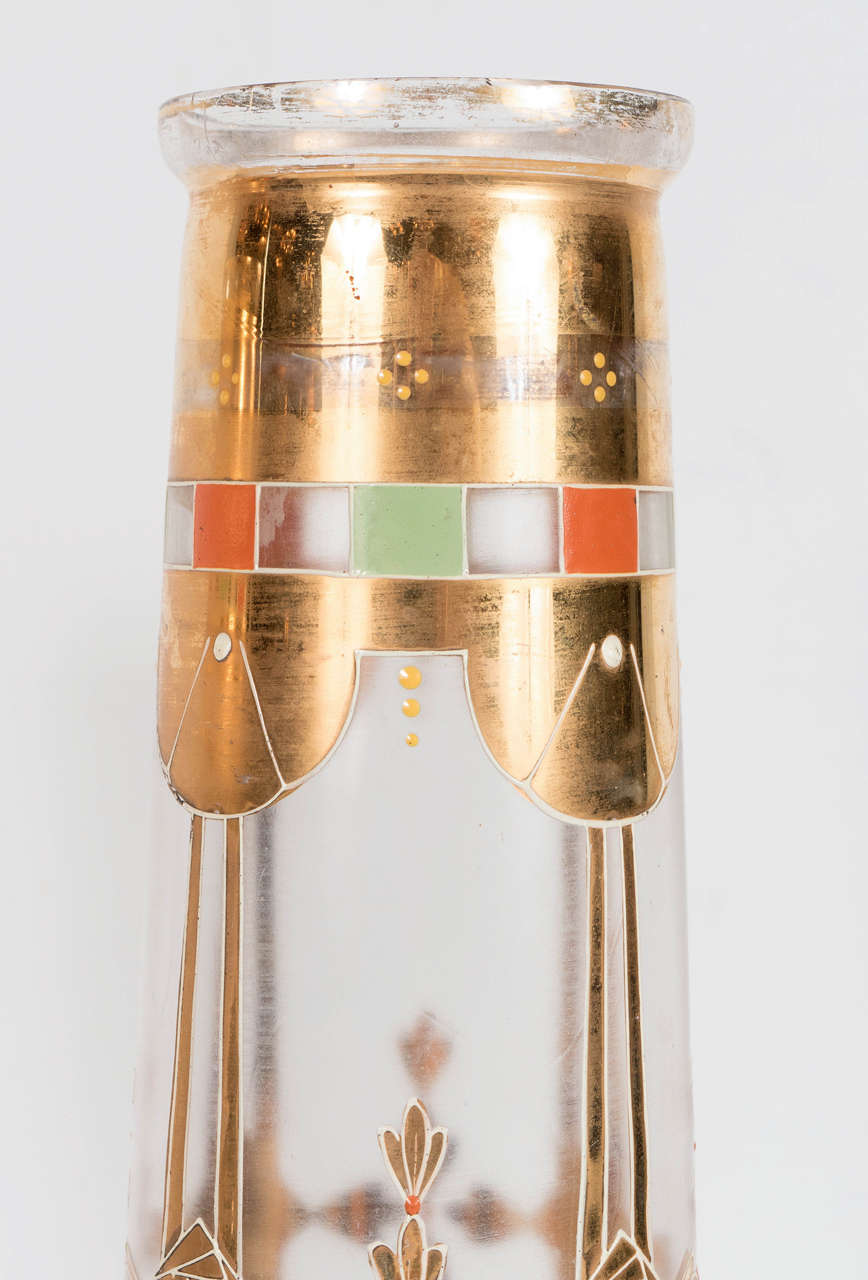 Early 20th Century Exquisite Pair of Art Deco Glass Vases with 24-Karat Gold Relief Decoration
