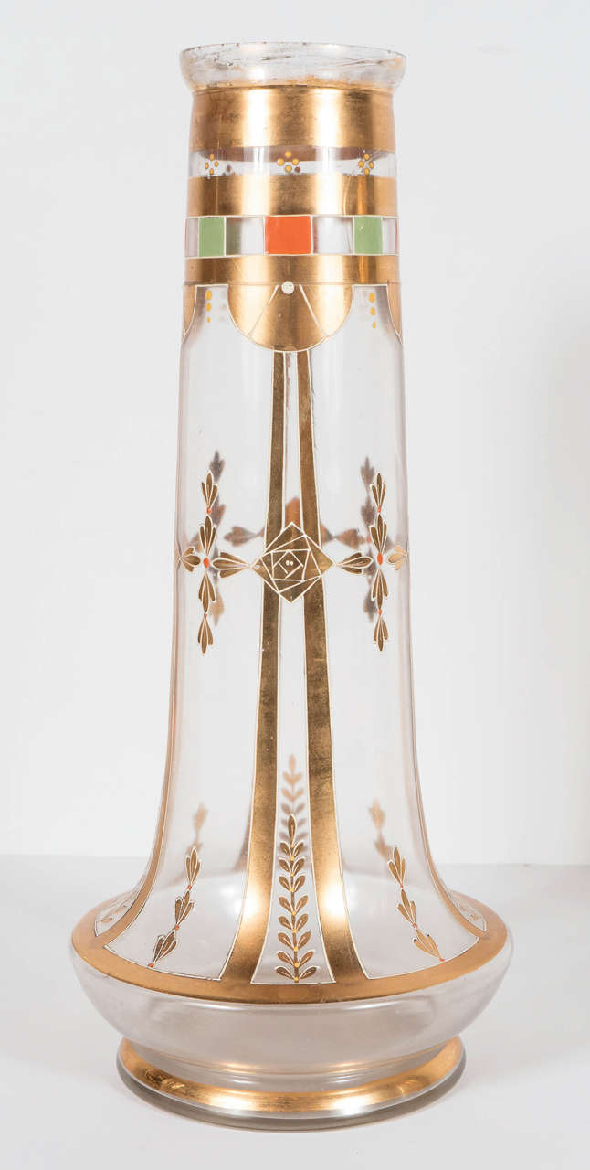 Enamel Exquisite Pair of Art Deco Glass Vases with 24-Karat Gold Relief Decoration