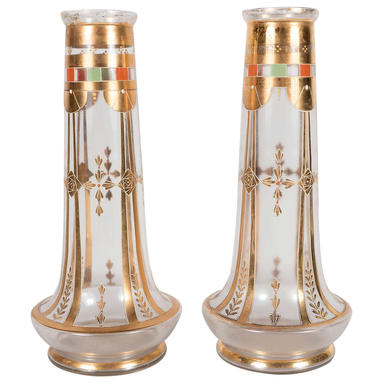 Exquisite Pair of Art Deco Glass Vases with 24-Karat Gold Relief Decoration