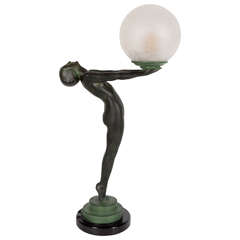 Atemberaubende Art Deco Bronze und Marmor Lampe "Clarte" von Max Le Verrier
