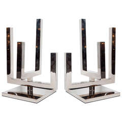 Pair of Mid-Century Modernist Cubist Silver-Plate Cantilever Candlesticks