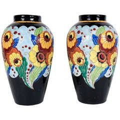 Exquisite Pair of Art Deco Hand-Painted Ceramic Vases by Keramis
