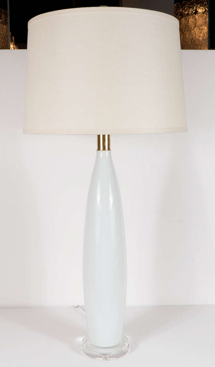 Pair of Mid-Century Modernist White Murano Glass Table Lamps w/ Brass Fittings
