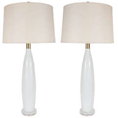 Pair of Mid-Century Modernist White Murano Glass Table Lamps w/ Brass Fittings