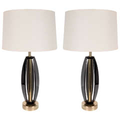 Sculptural Pair of Mid-Century Modernist Table Lamps in Ebonized Walnut & Brass