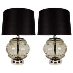 Ultra Chic Mid-Century Modernist Nickel Lamps With Smoked Ribbed Glass