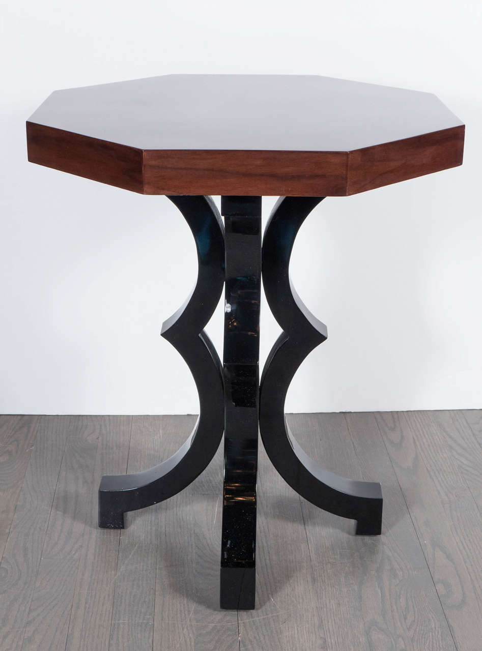 Art Deco Sculptural Octagonal Pedestal Table in Walnut & Black Lacquer
