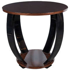 Art Deco Gueridon Table in Black Lacquer and Bookmatched Walnut