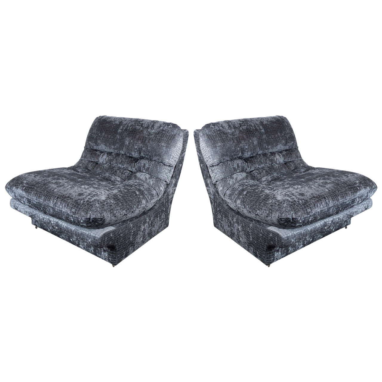 Pair of Slipper Lounge Chairs in Smoked Pewter Velvet in the Manner of Kagan