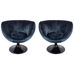 Pair of Mid-Century Modernist Swivel Chairs in Smoked Sapphire Velvet