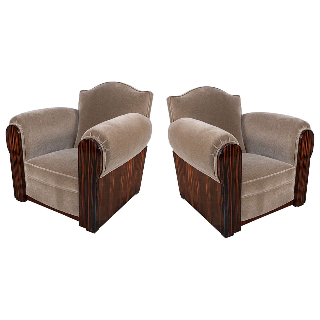 Magnificent Pair of Art Deco Cubist Style Club Chairs with Macassar Detailing