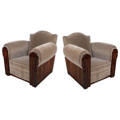 Magnificent Pair of Art Deco Cubist Style Club Chairs with Macassar Detailing