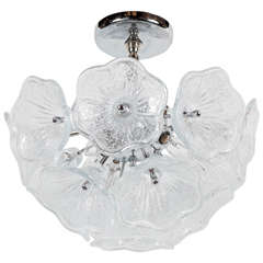 Mid-Century Modernist Flush Mount Chandelier with Murano Glass Floral Shades