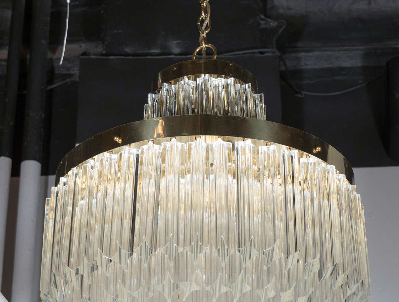 Mid-Century Modernist Cut Crystal Triedre Camer Chandelier with Brass Fittings In Excellent Condition In New York, NY