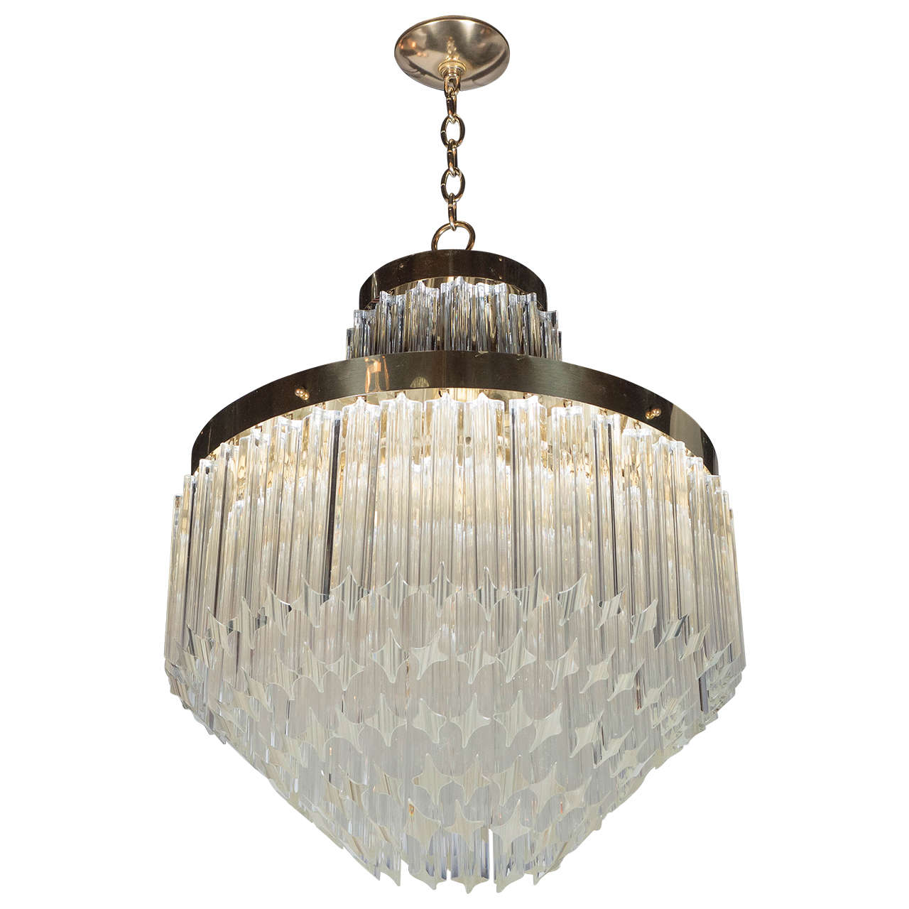 Mid-Century Modernist Cut Crystal Triedre Camer Chandelier with Brass Fittings