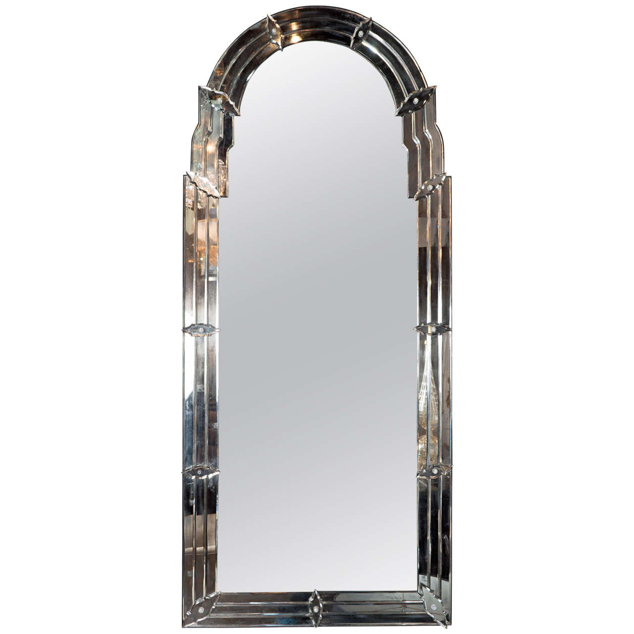 Magnificent 1940s Venetian Style Arched Mirror with Antiqued Mirror Border