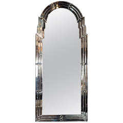 Magnificent 1940s Venetian Style Arched Mirror with Antiqued Mirror Border
