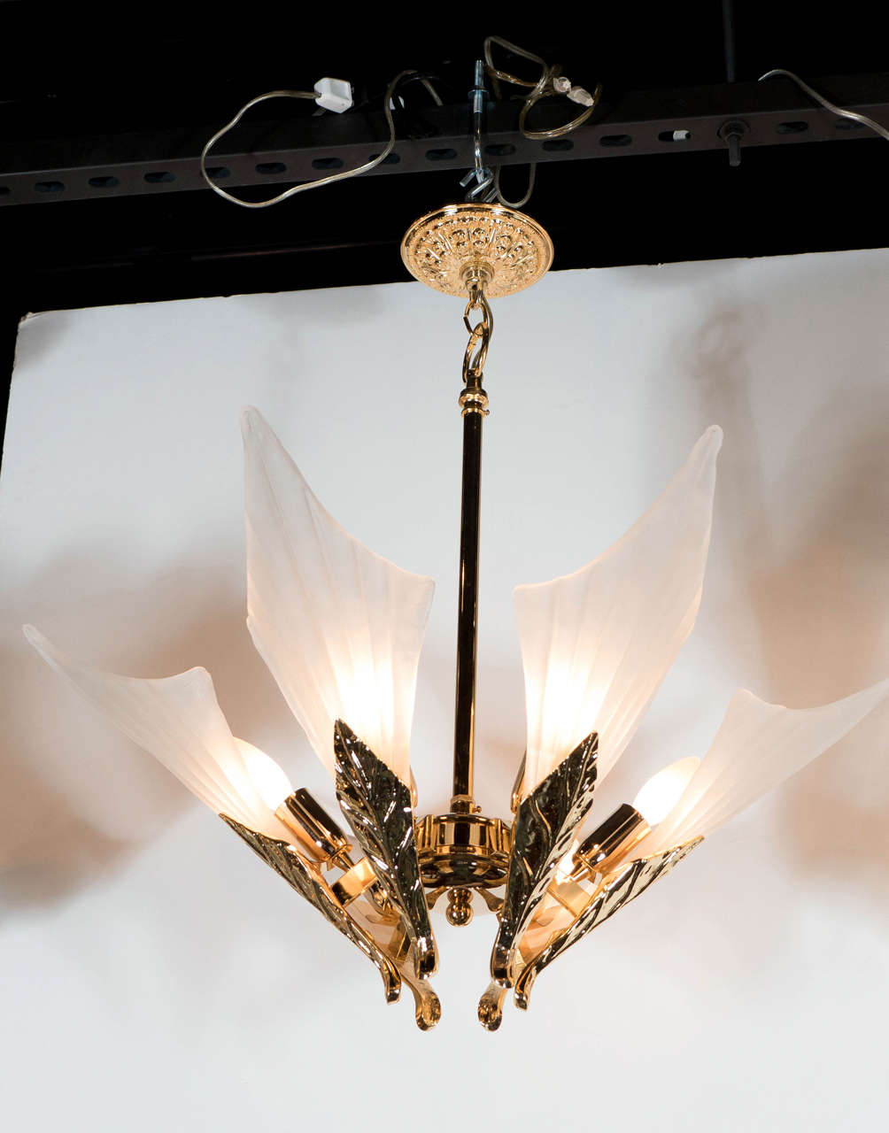 Art Deco Chandelier With Stylized Leaf Design And 24 Karat Gold Mid Century Modern Art Deco Chandelier With Stylized Leaf Design And 24 Karat Gold