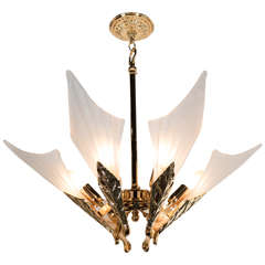 Art Deco Chandelier with Stylized Leaf Design and 24-Karat Gold-Plated Brass