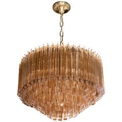 Mid-Century Modernist Five-Tier Cut Triedre Camer Chandelier in Amber and Clear