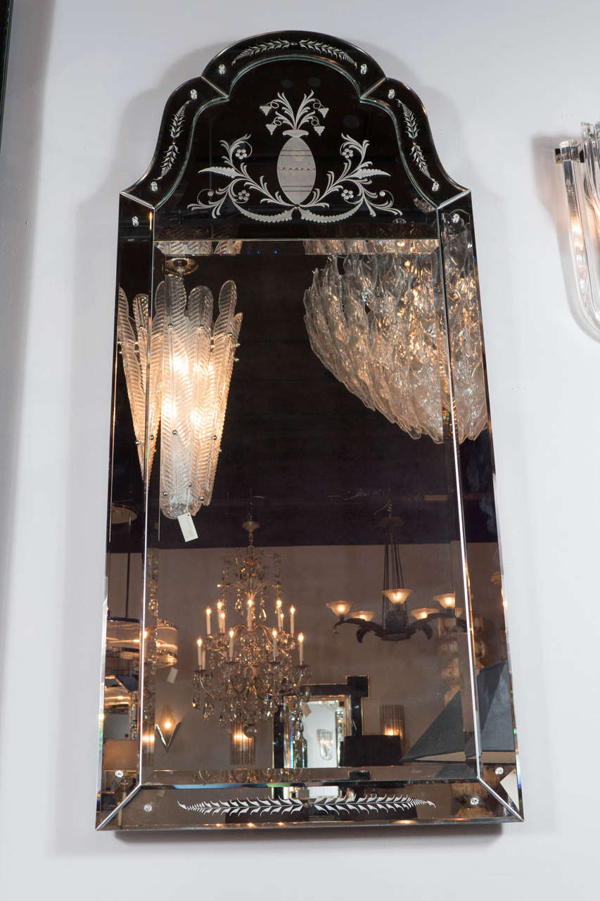 1940s Hollywood Scroll Design Mirror with Reverse Etched Detailing