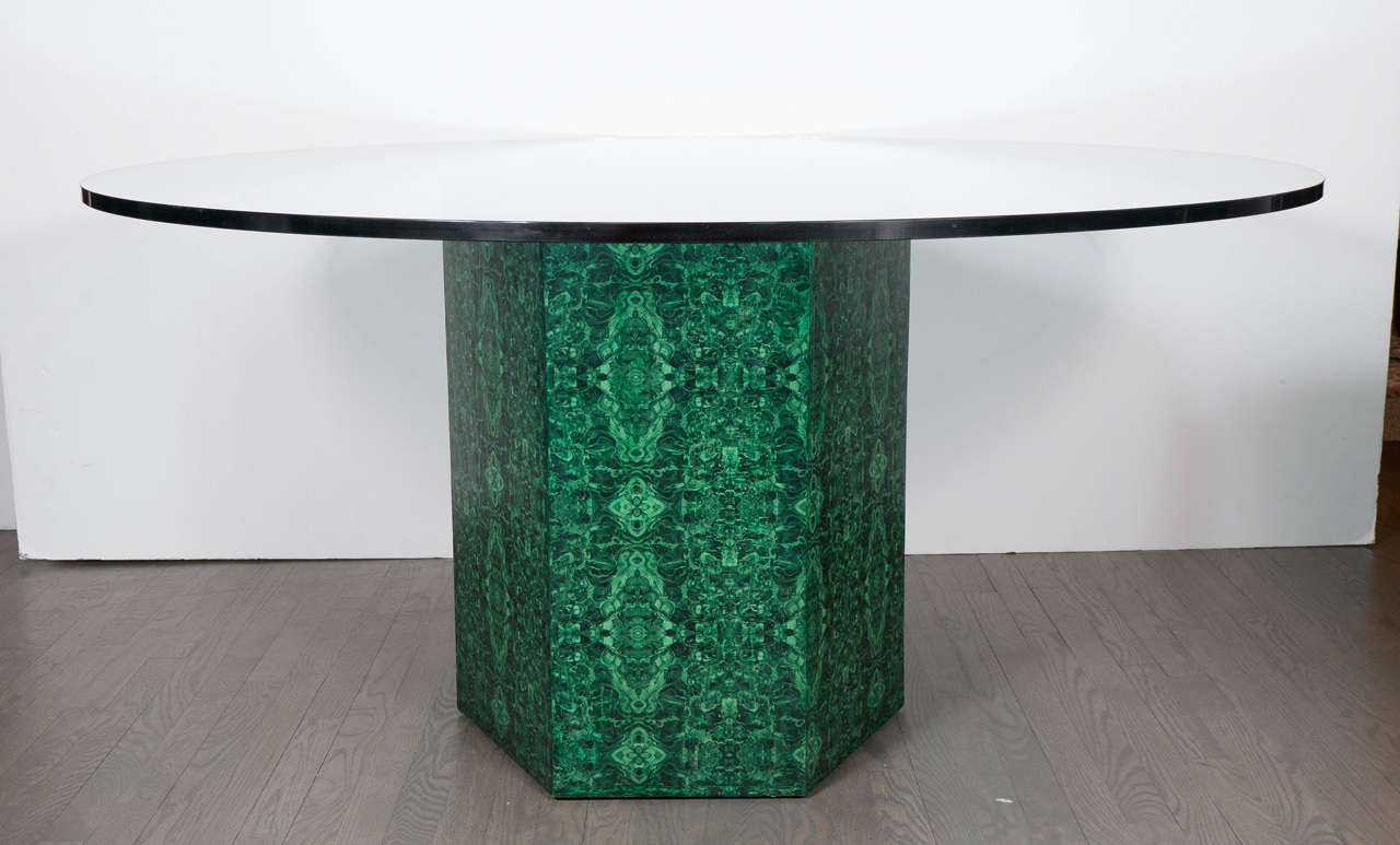 Graphic Mid-Century Modernist Dining Table With Faux Malachite Pedestal Base