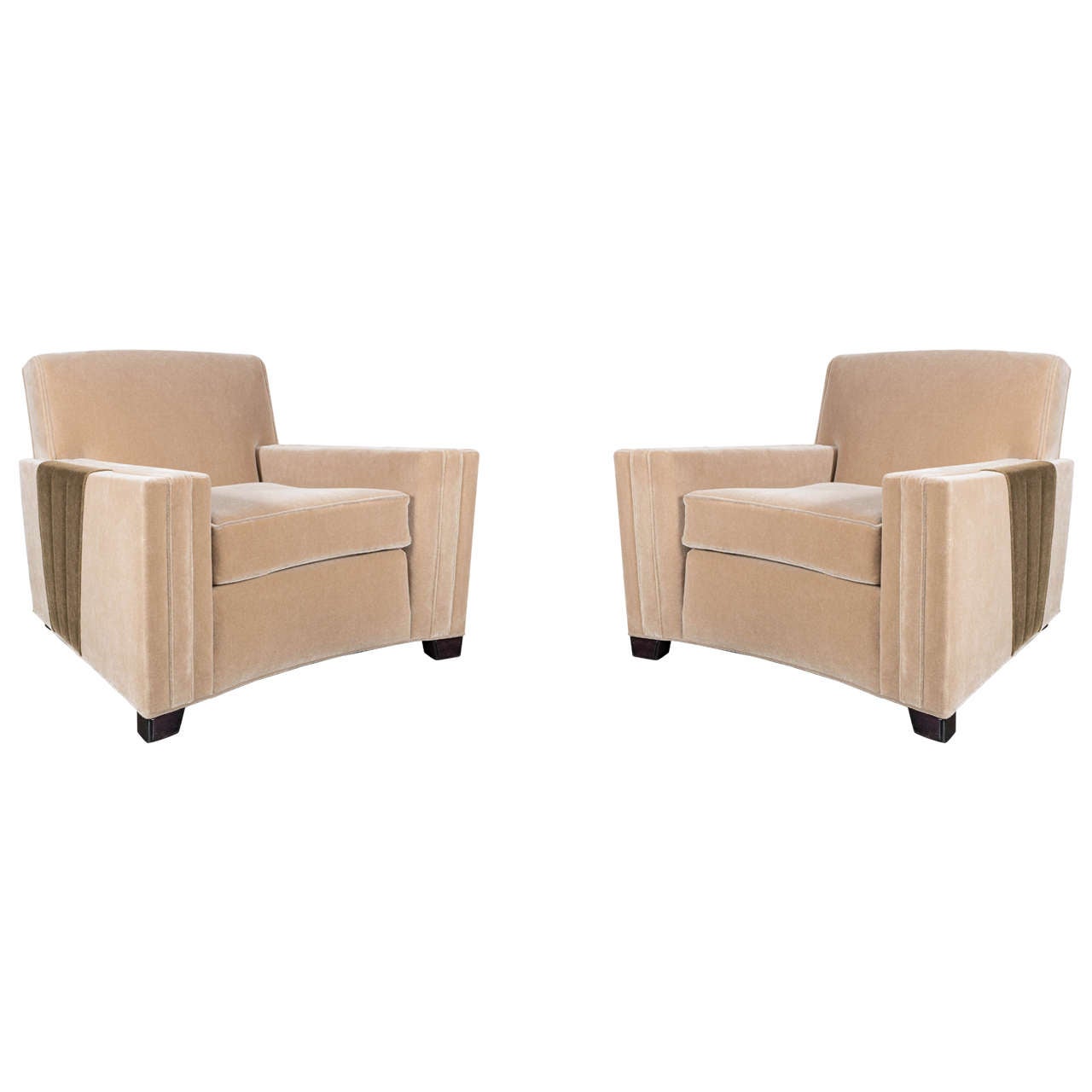 Pair of Art Deco Club Chairs in Camel Hued Mohair with Inset Deco Fan Design