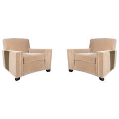 Vintage Pair of Art Deco Club Chairs in Camel Hued Mohair with Inset Deco Fan Design