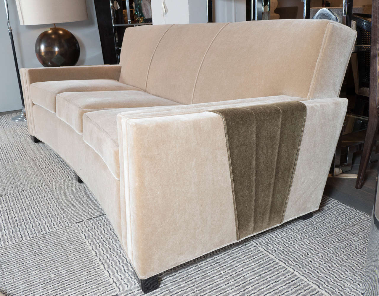 Exceptional Art Deco Sofa In Camel Mohair With Inset Deco Fan Design