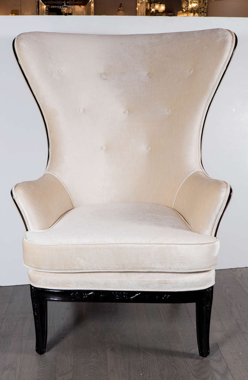 Exceptional MidCentury High Back Chair in Oyster Velvet Upholstery at