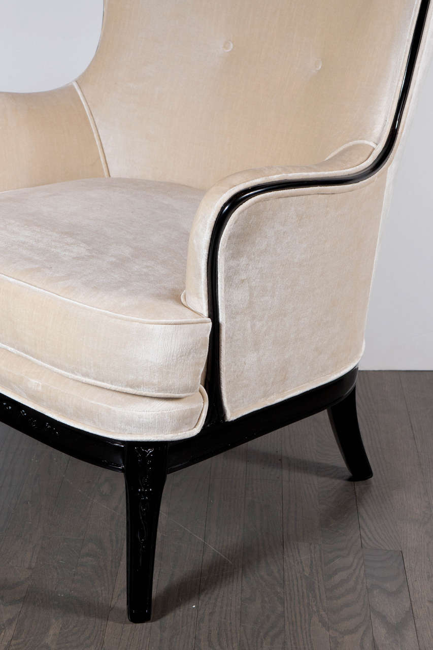 Exceptional MidCentury High Back Chair in Oyster Velvet Upholstery at 1stdibs