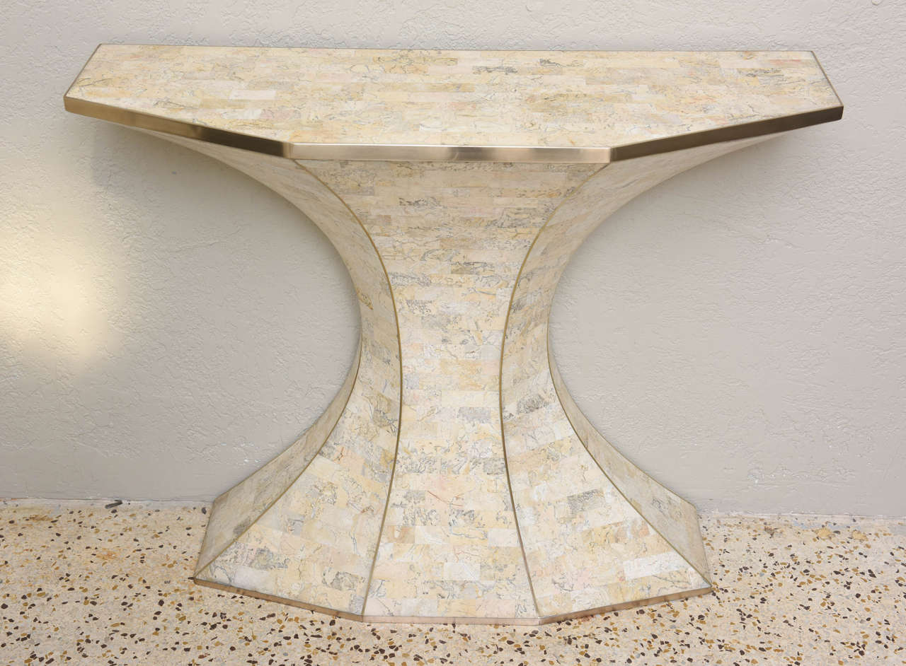 Late 20th Century Maitland-Smith Tessellated Marble Console and Mirror with Brass Inlays