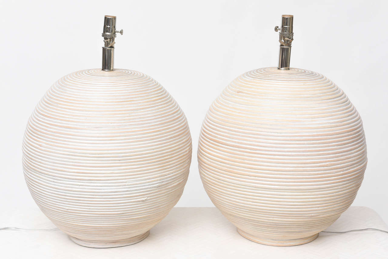 Pair of Oversized White-Washed Split Reed Table Lamps