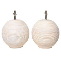 Pair of Oversized White-Washed Split Reed Table Lamps