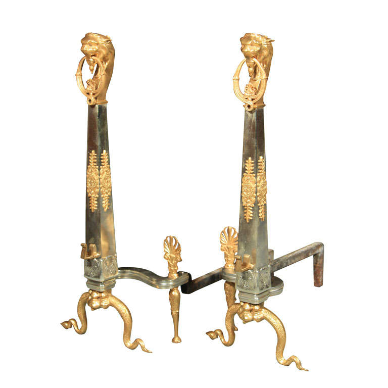 French Empire Steel and Bronze Dore Andirons
