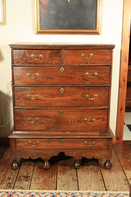 Unusual English elm country chest on stand with single drawer, scalloped apron and turned teardrop feet.