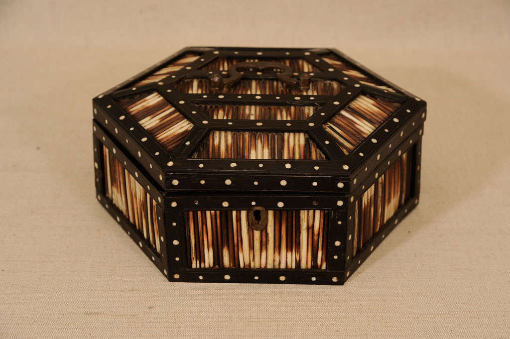 Ebony and Bone Inlay Porcupine Quill Box from Galle, Southern Ceylon (now Sri Lanka); inlaid in bone on the interior with an Elephant and marked 