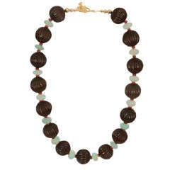 Green Chalcedony, Carved Wood and Coral Bead Necklace