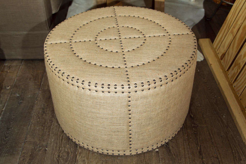 American Burlap Ottoman with Nailhead Detail For Sale
