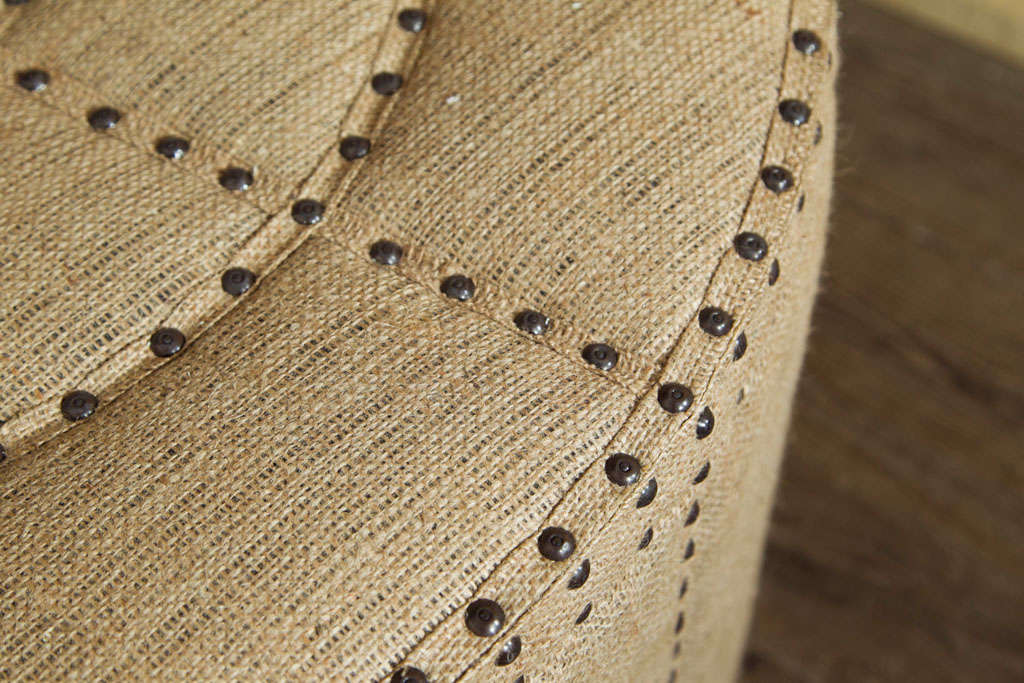 Contemporary Burlap Ottoman with Nailhead Detail For Sale