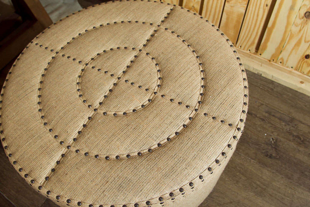 Burlap Ottoman with Nailhead Detail For Sale 1