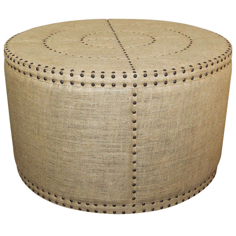 Burlap Ottoman with Nailhead Detail For Sale